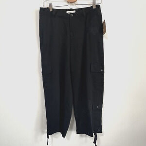 Coldwater Creek Tencel Crop Cargo Pants 6 Black Embroidered Tie Hem Summer NEW